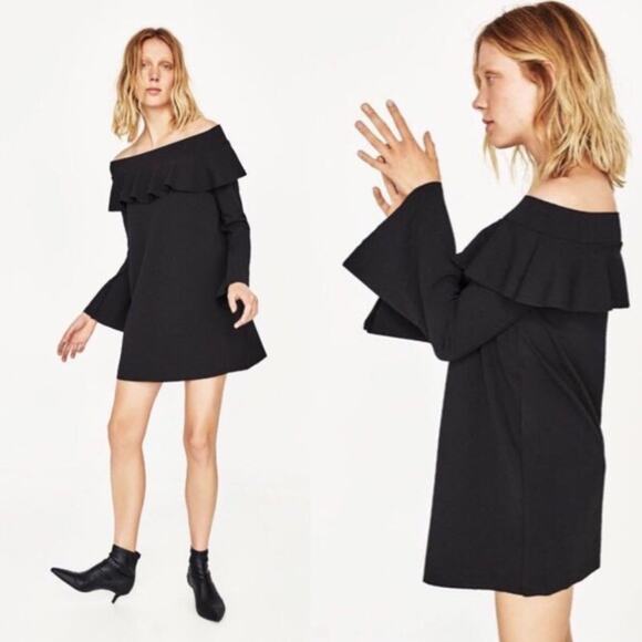 Zara Dresses & Skirts - Zara Black Bell Long Sleeve Flounce Off The Shoulder Mini Dress Womens Sz S